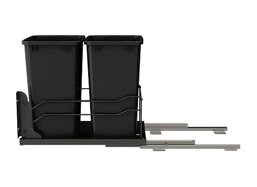 Rev-A-Shelf Steel Double Pullout Waste Container with Soft-Close, 35 Quart, Black - Sliding Garbage Bin System with Dual Trash Can for 18" Home Kitchen Base Cabinet, 53WC-1835SCDM-218