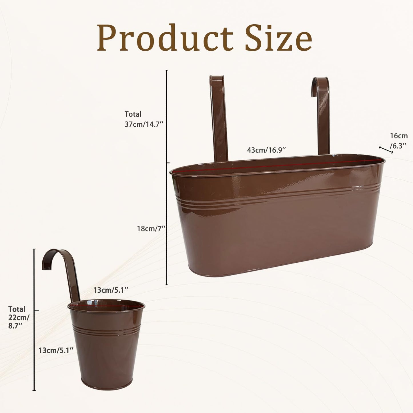 Joyfernal Set of 4 Outdoor Metal Railing Planters Box - 2 Pcs 5.12" Round Balcony Hanging Planter & 2 Pcs 17" Oval Fence Pot with Detachable Hooks Drainage, Chocolate