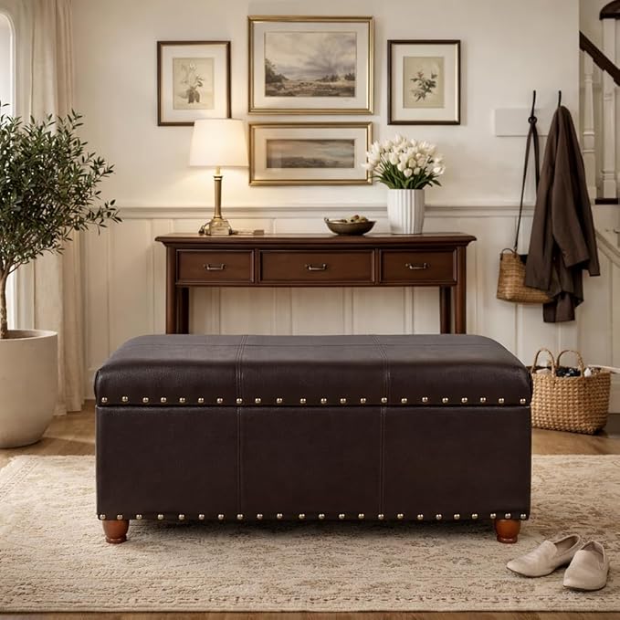 HomePop Espresso Faux Leather Storage Cocktail Bench