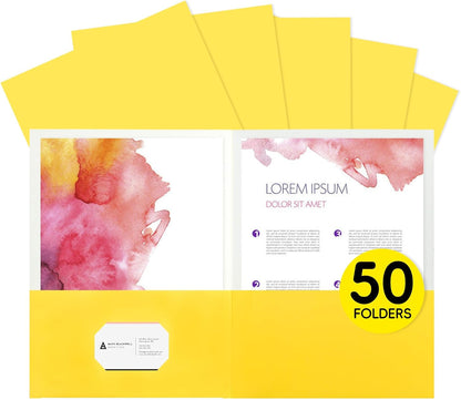 50Pcs Yollow with Pockets -2 Pocket Folders for Documents,Cute Paper Folders for Filing Cabinet,School,Office,Resume Portfolio