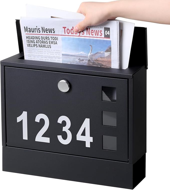 Locking Mailbox Wall Mount for Outside– Jssmst Mailboxes with Number and Key Lock for Front Door Fence, Large Capacity Letter Box, 14.3 x 4.1 x 11.8 Inch, Black