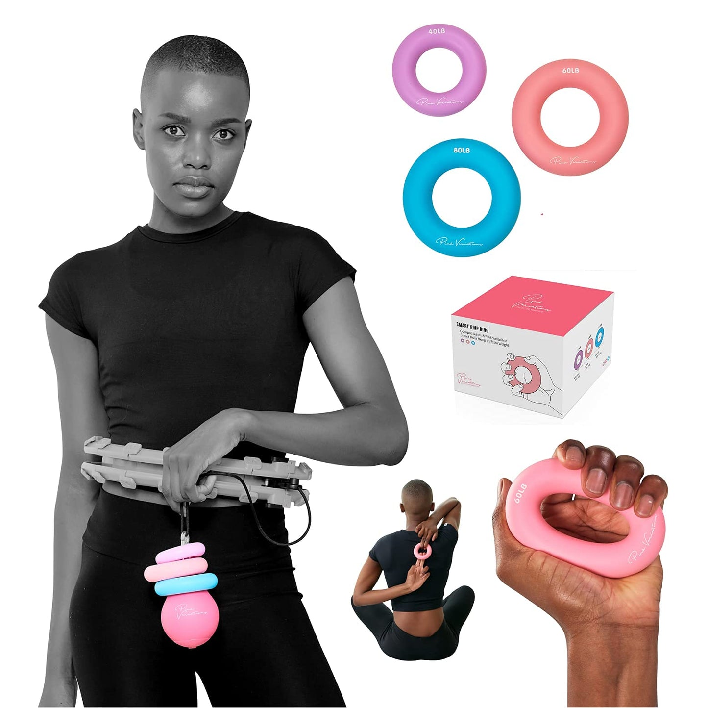 PINK VARIATIONS Smart Exercise Rings - Hoop Extra Weight - Hand Exerciser - Pilates Ring - Grip Strength Trainer - Compatible with Smart Weighted Hoop - Ideal for Fitness, Rehabilitation, Yoga
