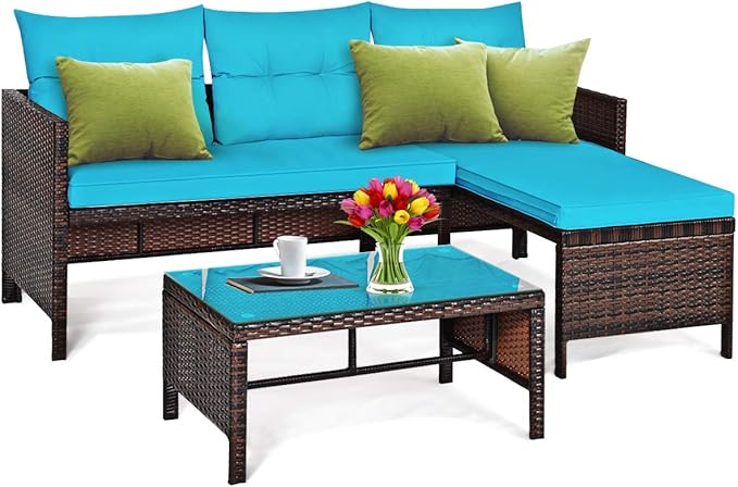 Tangkula Patio Corner Sofa Set 3 Piece, Outdoor Rattan Sofa Set, Includes