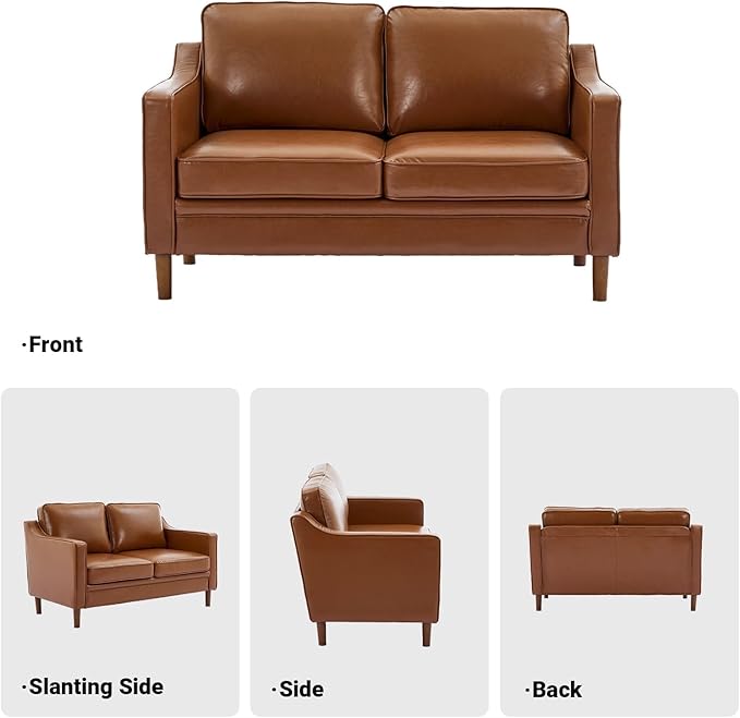 Kingfun 56" Faux Leather Sofa, Loveseat Couch, Mid Century Modern Love Seat