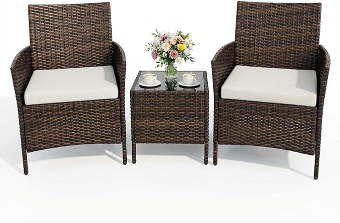 3PCS Outdoor Patio Bistro Set, PE Rattan Wicker Armchairs