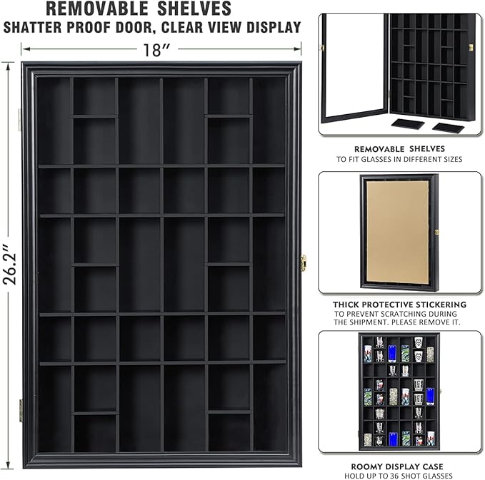 Shot Glass Display Case Wooden Cabinet Rack Holder Wall Mounted Black Shadow