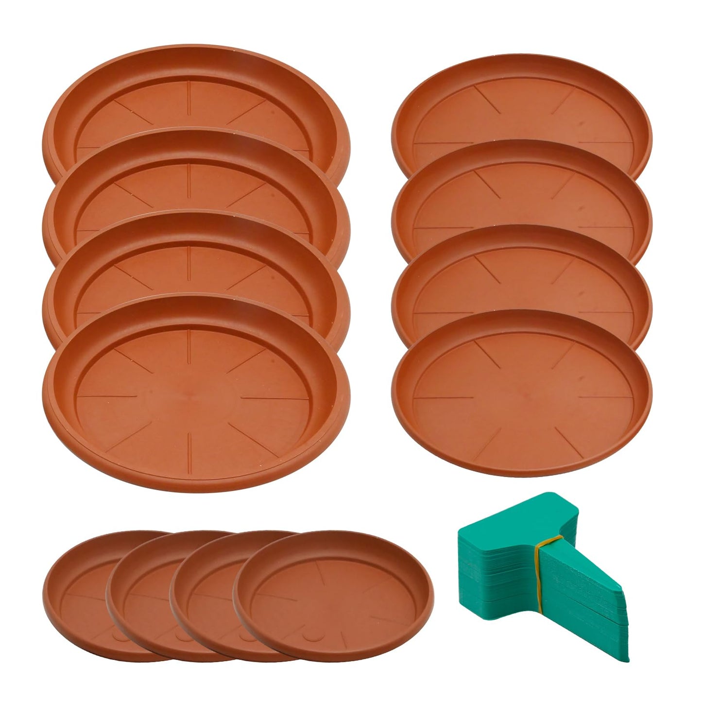 MDEOOSKY 12Pack Plastic Plant Saucer, 6" 8" 10" Round Plant Trays, Flower Plant Pot Saucer, Terracotta Drip Trays for Indoor Outdoor Flower Pots and Planters with 20pcs Green Plant Labels