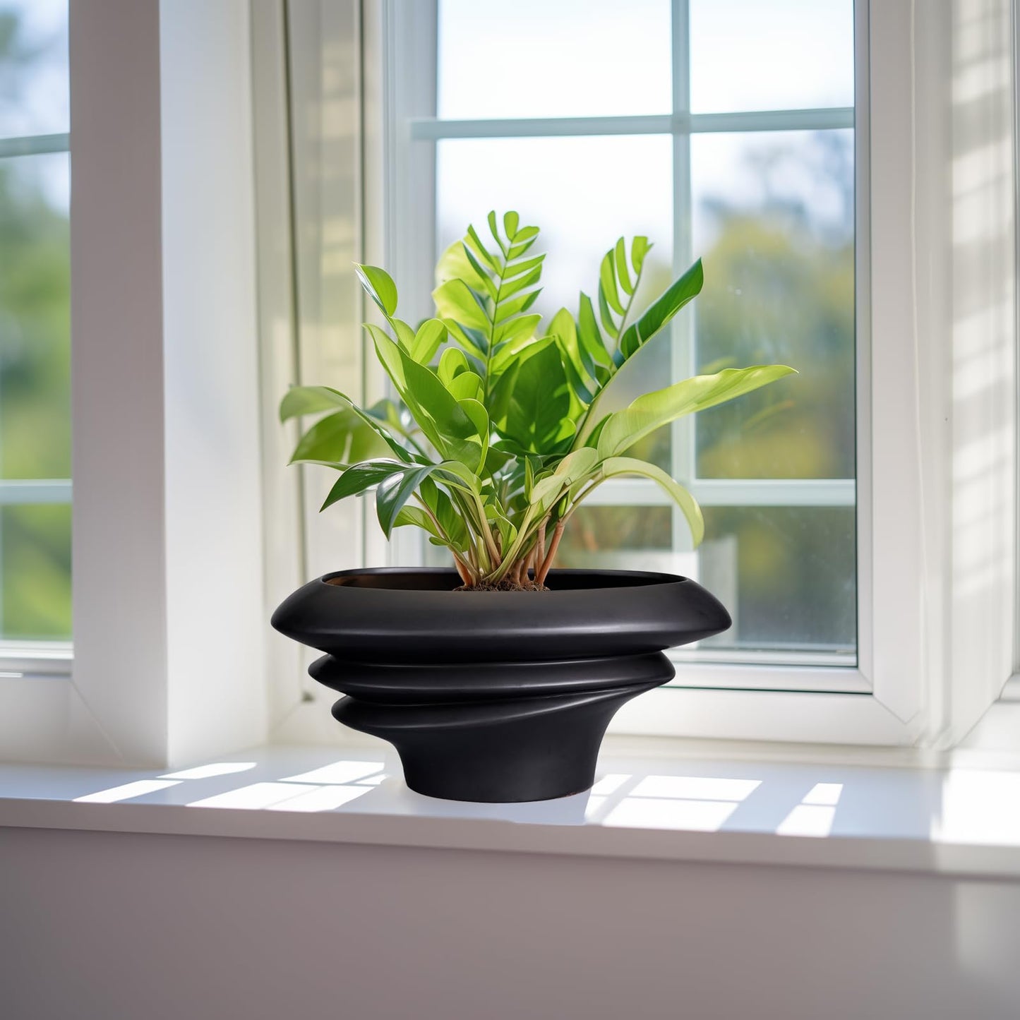 SQOWL Bonsai Pot 10 Inch - Ceramic Succulent Planter with Drainage Hole Large Plant Pot for Indoor Plants Outdoor Modern Home Decor Black