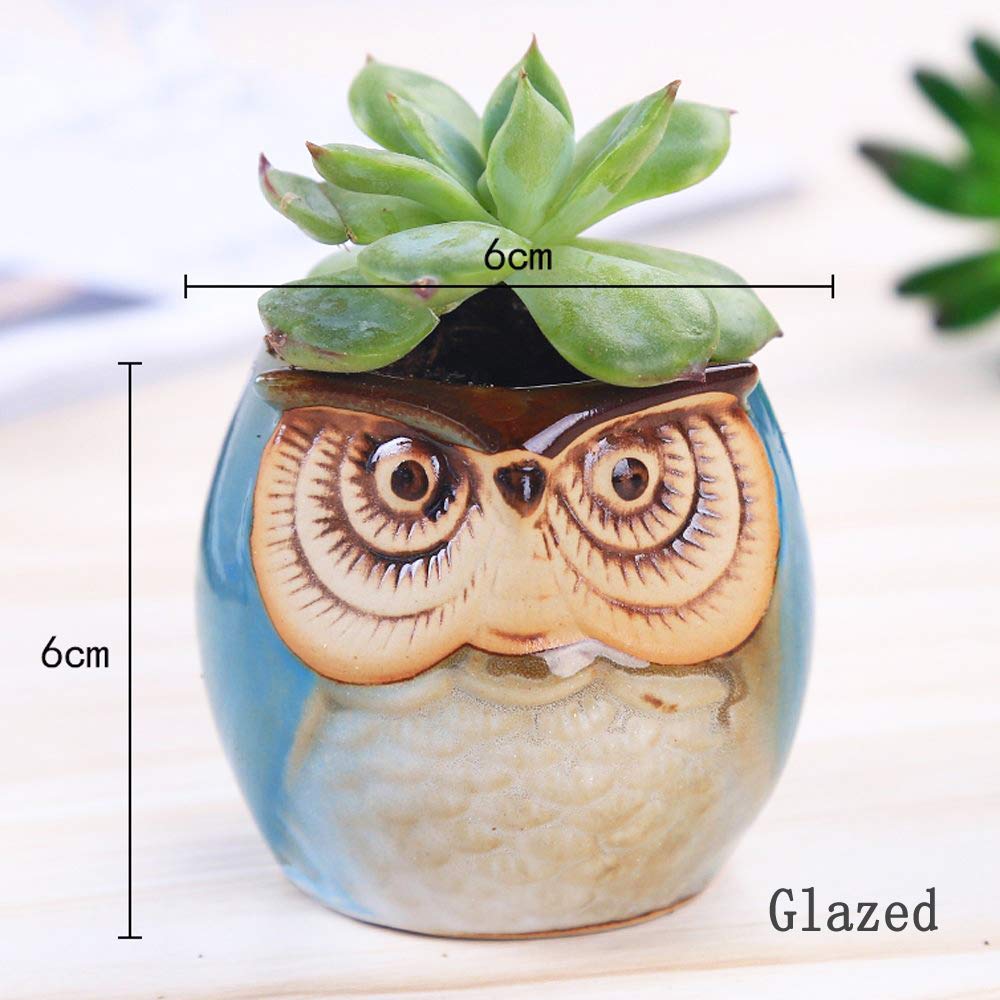 ROSE CREATE 6 Pcs 2.5 Inches Owl Pots, Little Ceramic Succulent Bonsai Pots with a Hole - Pack of 6