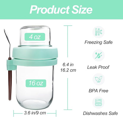 PFUM Overnight Oats Jars with Spoon and Lid 16+4 oz [4 Pack], Airtight Oatmeal Container with Leak-proof Meal Prep Containers Dry and Wet Separation Mason Jars with Lid for Cereal