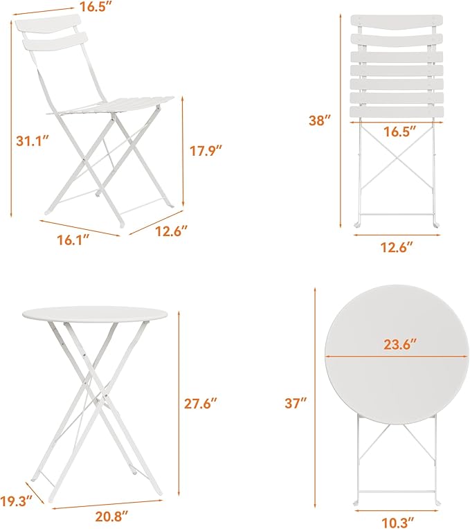 GarveeLife 3 Piece Patio Bistro Set, Folding Patio Bistro Table and Chairs Set