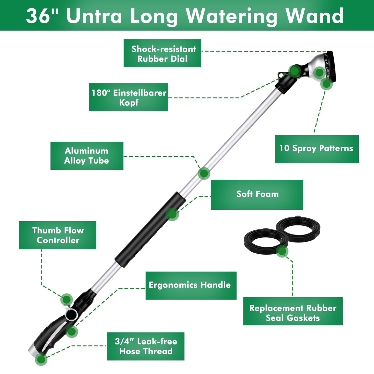 RESTMO 36” Long Watering Wand, Metal Garden Hose Wand with 180° Swivel Head and 10 Spray Patterns, Heavy Duty Hose Nozzle Sprayer with Thumb Flow Control, for Water Hanging Baskets, Shrubs, Silver