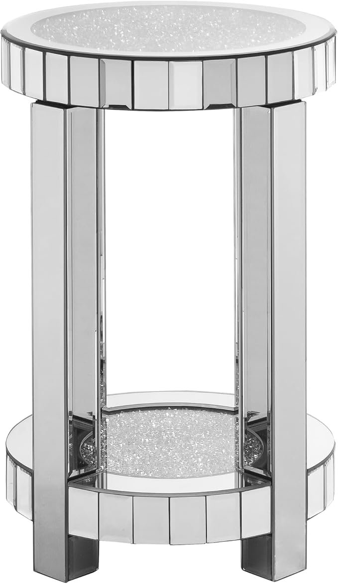 Mirrored Round End Table with Crystal, 2-Layer Modern Small Sofa Table with