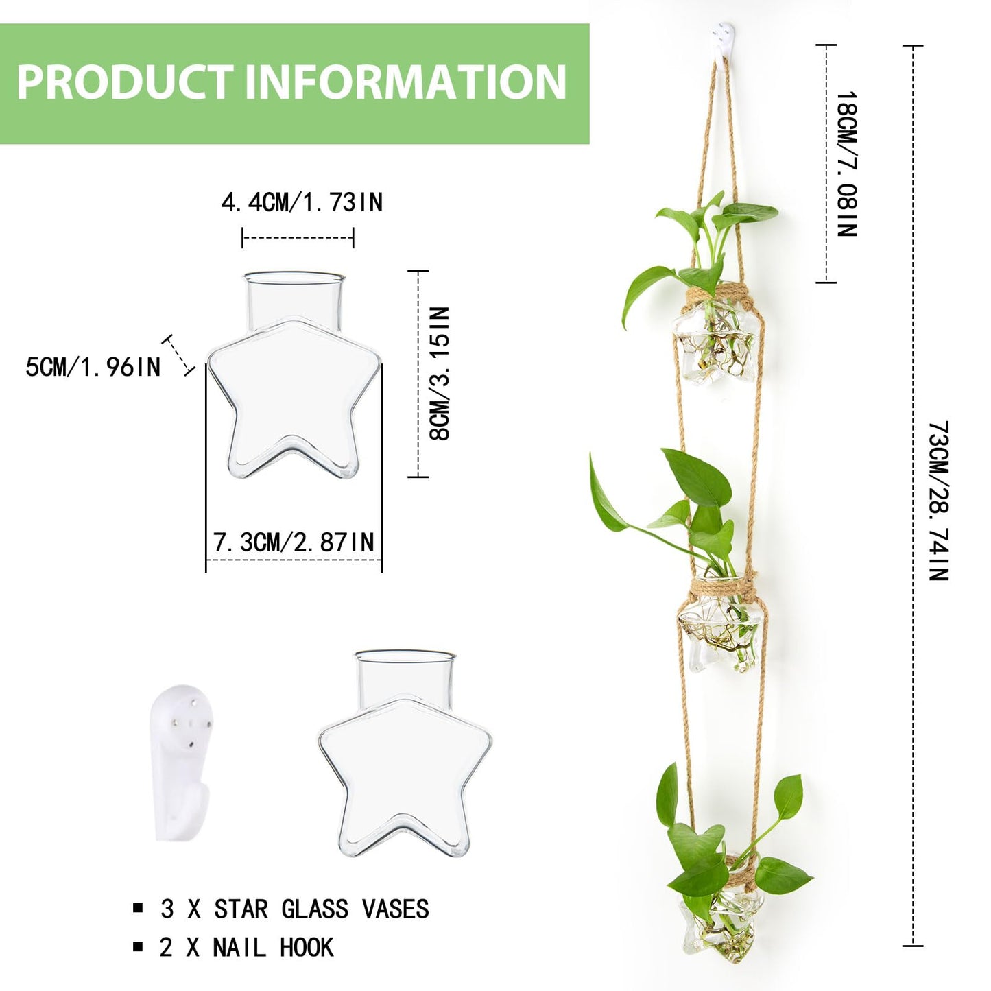 XXXFLOWER Wall Hanging Propagation Station，3 Tiers Star Shaped Glass Flower Vase for Hydroponic Planter Terrarium for Plant Cutting Home Office Living Room Garden Decor