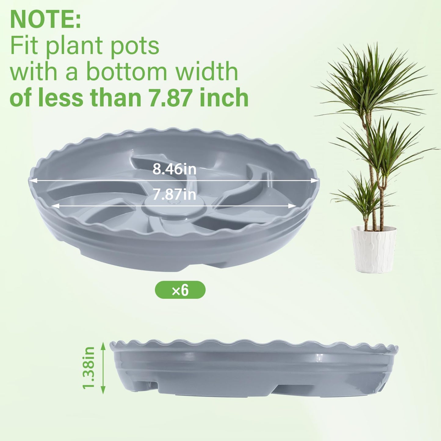 ittyfei 6 Pack 8 Inch Plant Trays for Pots, Raised Ridge Plant Saucers,6 10 12 14 Inch Durable Plastic Plant Pot Saucer,Gray Round Plant Water Catcher Tray for Indoors and Outdoors(Gray, 8‘’6pack)
