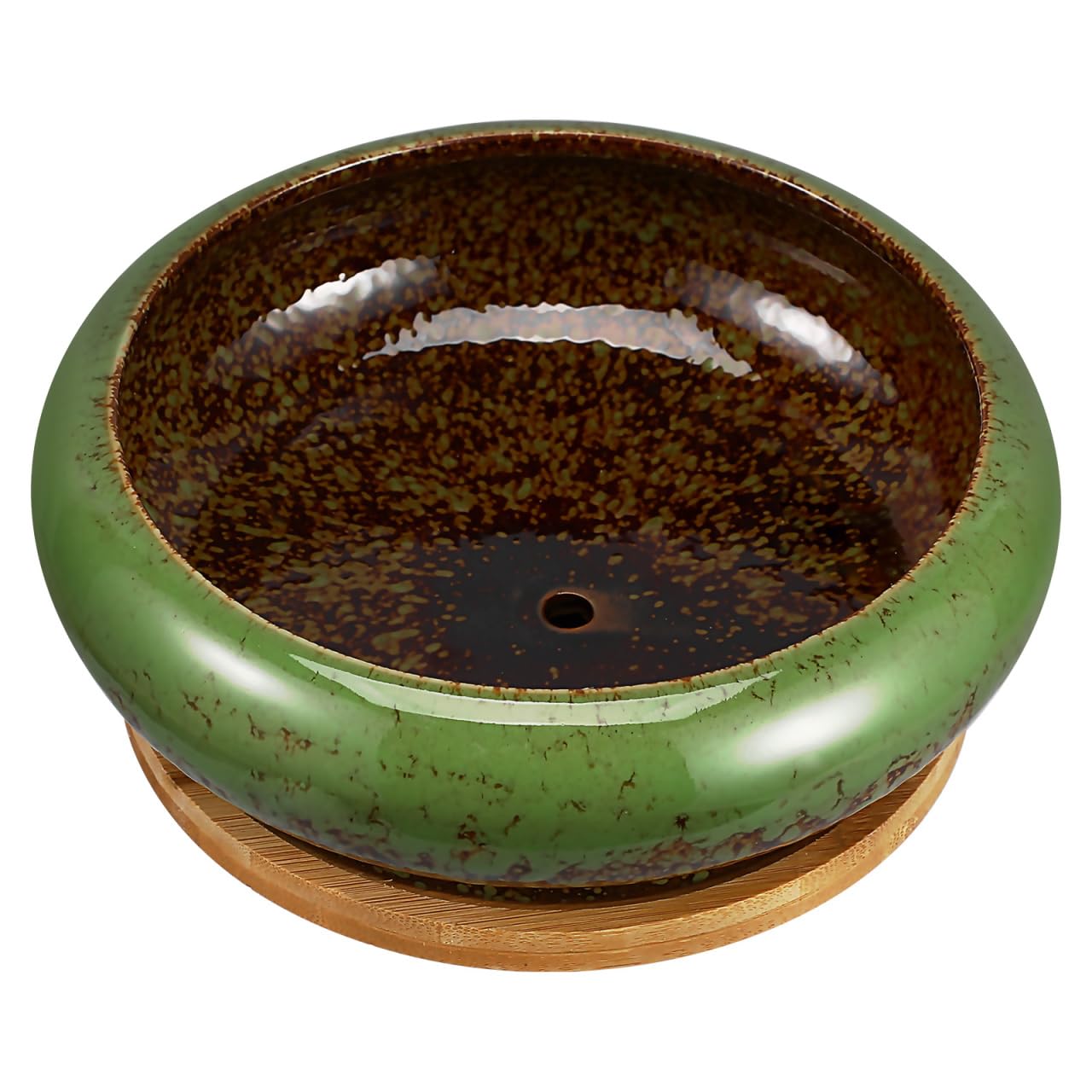 NOLITOY 7 Inch Ceramic Succulent Planter Bowl with Drainage Hole and Tray, Green Round Shallow Flower Pot for Indoor Cactus Arrangements and Office Desk Decor