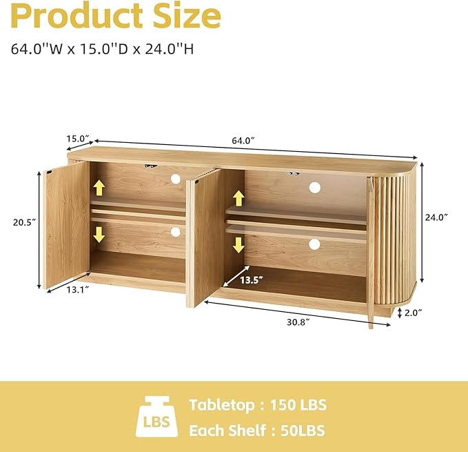 64'' Fluted TV Stand for TVs up to 75'', Modern Long Media Console