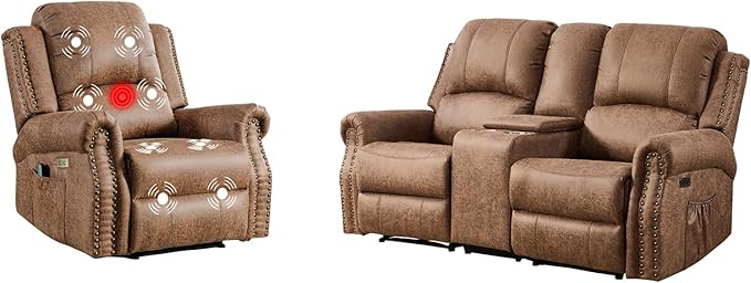 EBELLO 2-Piece Manual Recliner Sofa Set, Faux Leather Message Single Recliner