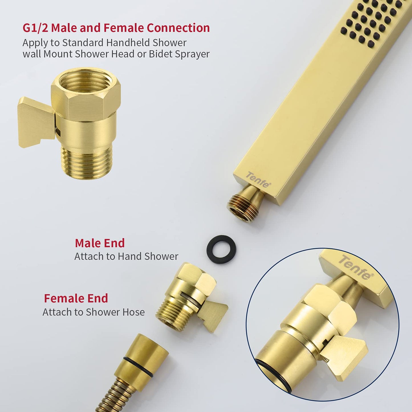 Water Flow Control Valve Brass Shut Off Valve,Brushed Brass Adjustable Water Volume Valve G1/2 Water Pressure Regulator for Hand Held Shower Head & Bidet Sprayer