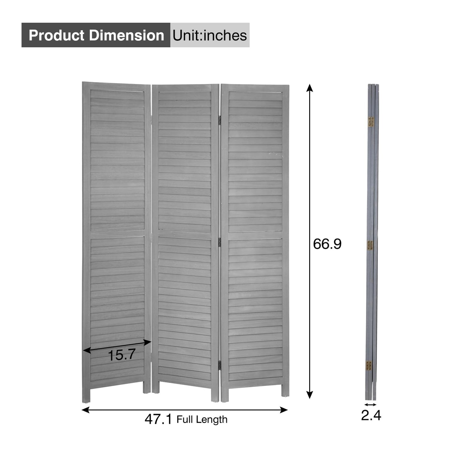 3 Panel Wood Room Divider 5.7 Ft Tall Privacy Wall Divider 67.7" x 16.9" Each Panel Folding Wood Screen for Home Office Bedroom Restaurant （Gray）