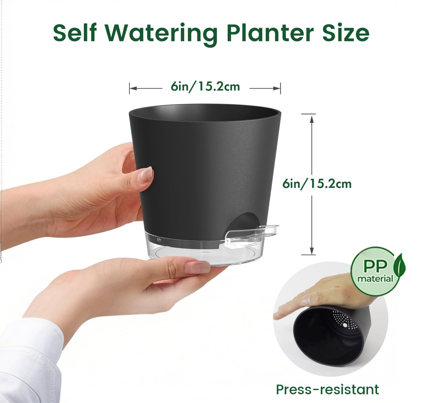 Meowell 6 inch Self Watering Pots for Indoor Outdoor Plants, 6 Pack Flower Plant Pots with Drainage Holes and Clear Reservoirs, Visible Water Level, Plastic Planters with Wicking Rope, Black