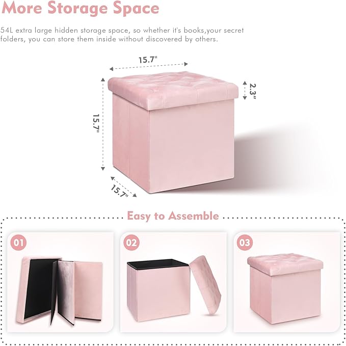 B FSOBEIIALEO Storage Ottoman Cube, Velvet Tufted Folding Ottomans