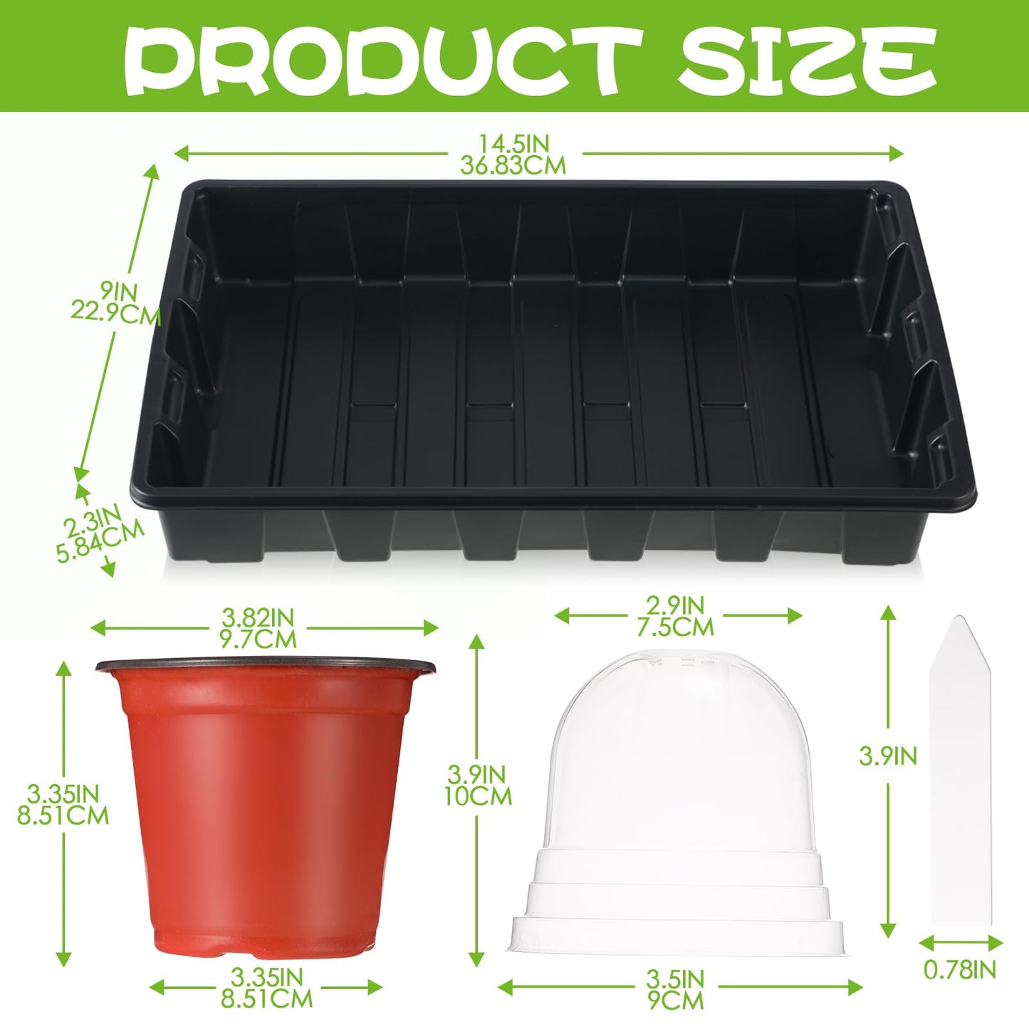 Hushee 70 Pcs Plant Trays Pot Set 10 No Holes Seedling Tray 14.5 x 9 x 2.3 Inch with 60 4 Inch Plastic Clear Plant Nursery Pots Gardening Pot Planting Containers 60 Plant Humidity Dome 60 Plant Labels