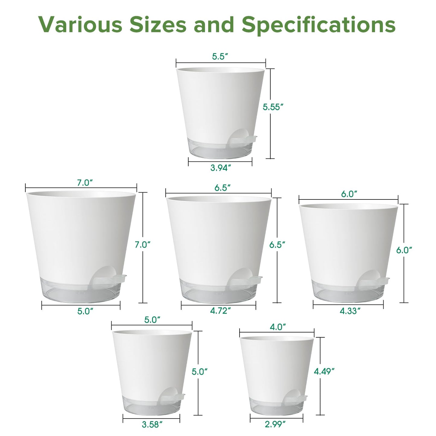 GARDIFE 2026 Upgraded Self Watering Plant Pots with Drainage Hole, 7/6.5/6/5.5/5/4 Inch Flower Planting Containers for House Plants, African Violet, Flowers, Cactus (White, 7+6.5+6+5.5+5+4 inch)