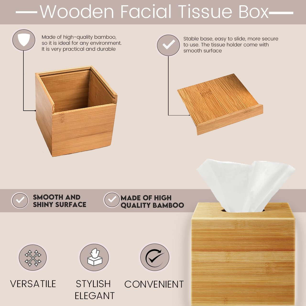 Performore Square Bamboo Tissue Box Cover - Stylish Water-Resistant Wooden Facial Tissue Holder for Bathroom, Office Desk & Nightstand - Compact 6.3" x 5.51" x 5.51" Design