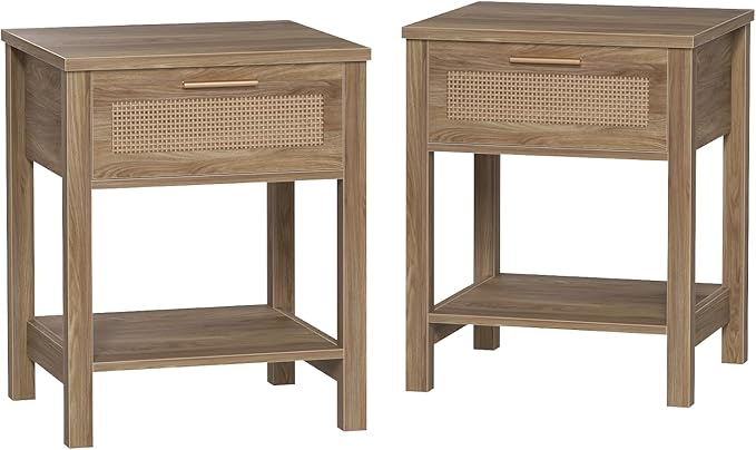 Rattan Nightstand Set of 2, Natural Style Night Stand