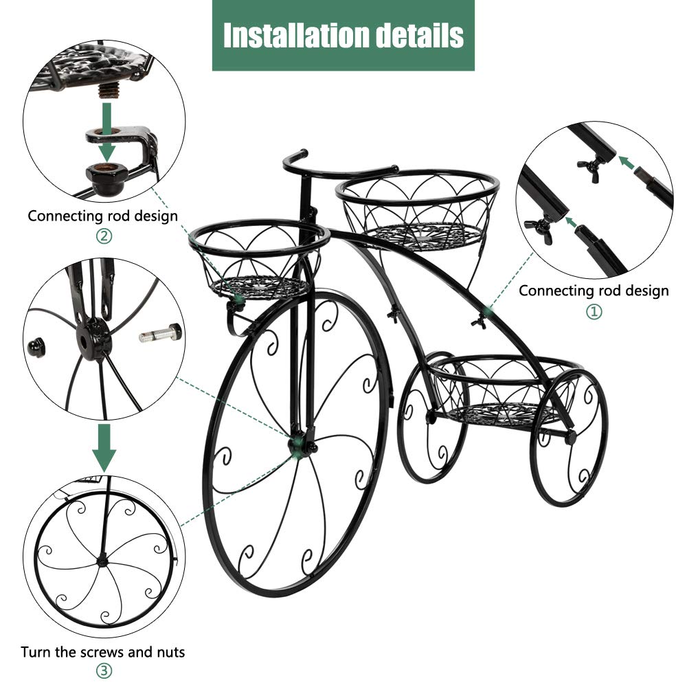 [US-Stock] Artisasset Tricycle Plant Stand,3 Potted Metal Stand,Plant Stand,Plant Holder for Indoor Outdoor Black