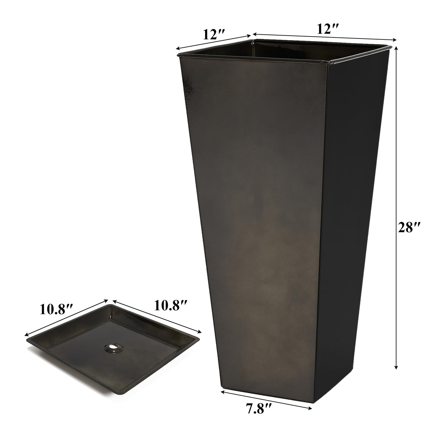 Worth Garden 28" Large Metal Glazed Planter Set of 2, Luxurious Glossy Finish Black Tall Square Tapered Steel Plant Pots, Decor Flower Pot Indoor & Outdoor, Drainage Hole & Dual-Purpose Plant Saucer