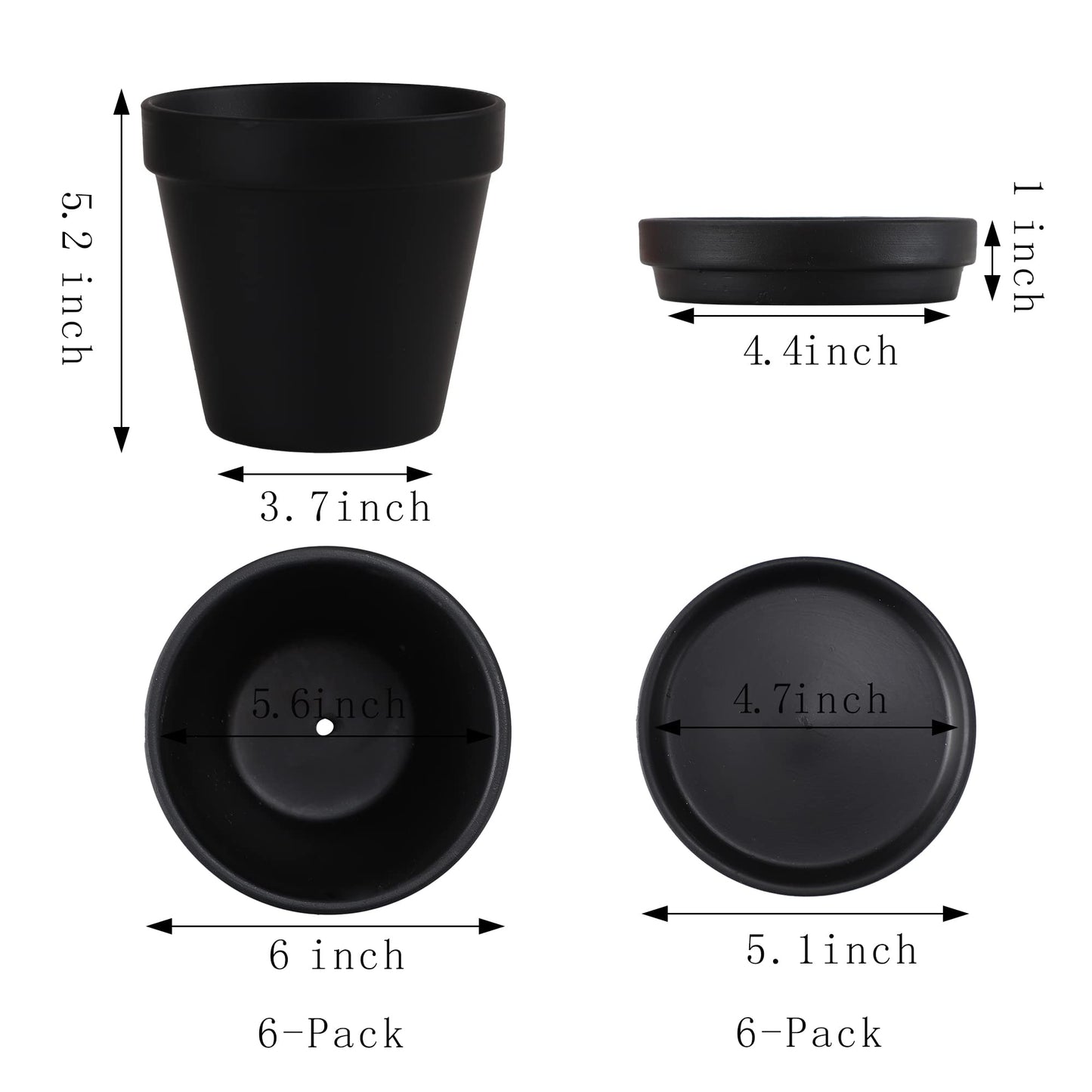 Yishang Large Terra Cotta Pots with Saucer- 6 Pack Large 6'' Terra Cotta Plant Pot with Drainage Hole, Flower Pot with Tray, Terracotta Pot for Indoor Outdoor Plant(Black)