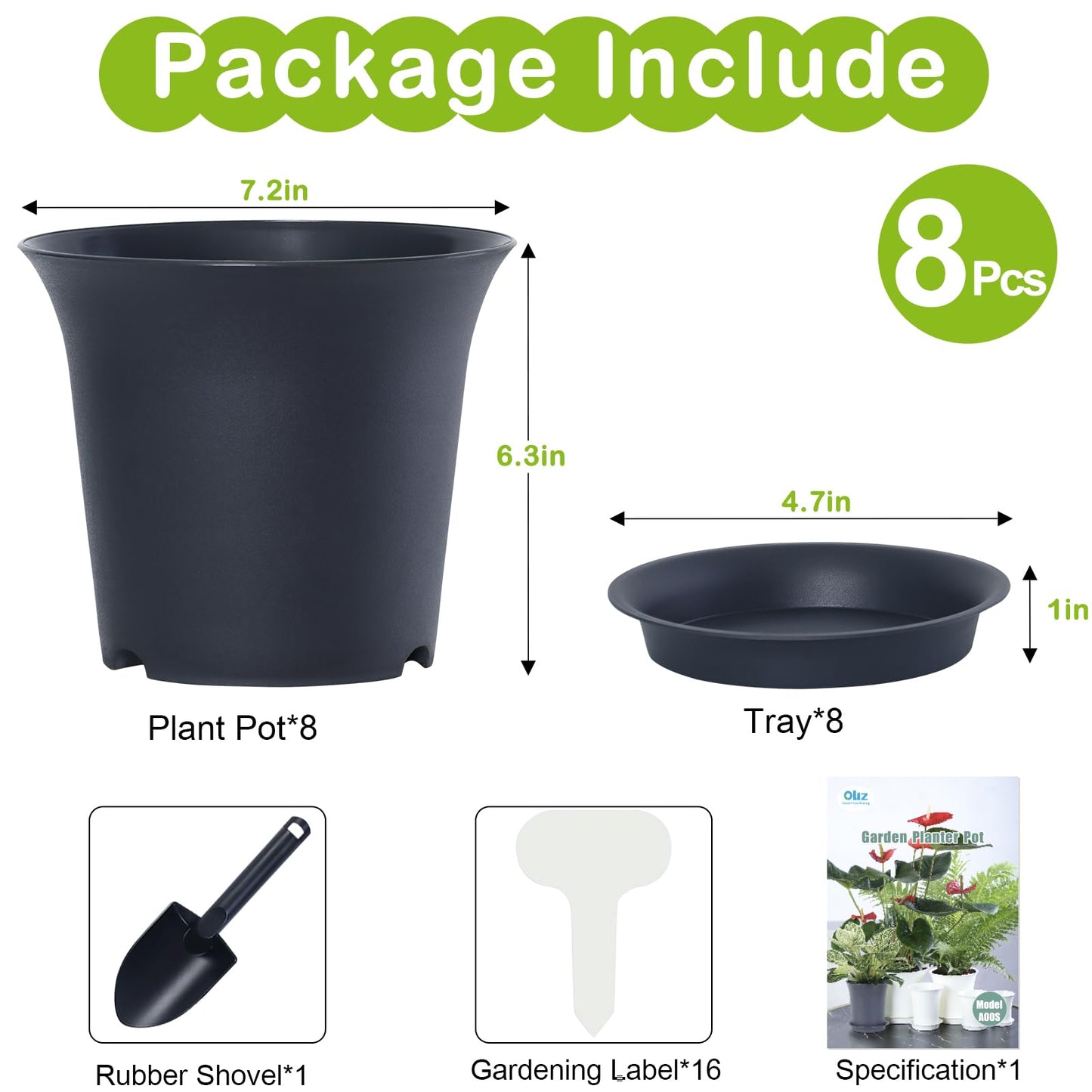 Oliz Planter Pots 8 Packs, 7.2 Inches Flower Pots with Drainage Holes & Trays, Ideal for Succulents, Herbs, Flower, African Violet, Garden Plant Pots for Home Garden Kitchen Decor (Dark Grey-2)