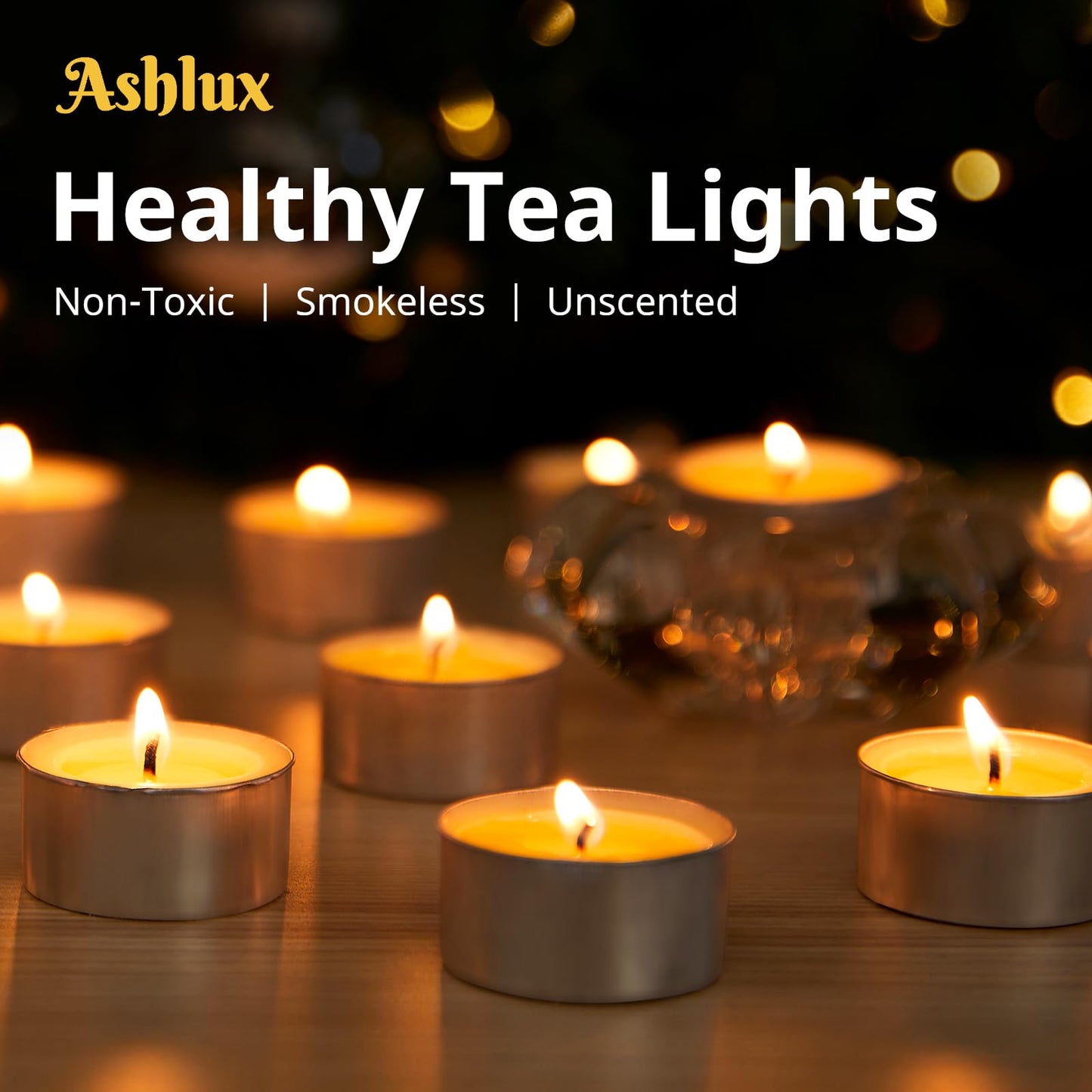 Ashlux Unscented Palm Tea Lights Candles 100 Pack Bulk, 6 Hours Long Burning White Tea Lights,Non-Paraffin, Smokeless, Mini Tealight Candles for Wedding, Christmas Lights, Party, Power Outages
