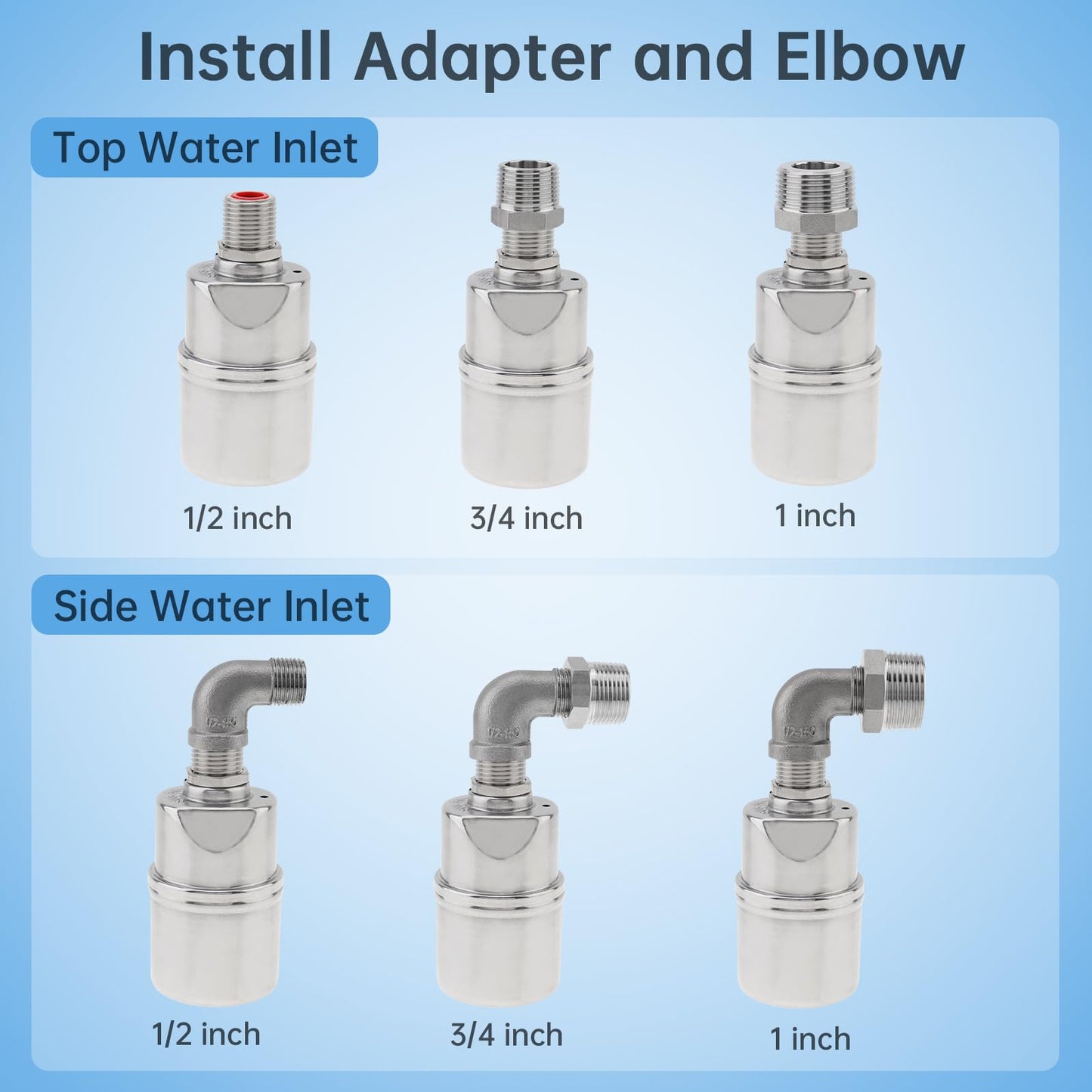 1/2 inch Float Valve, PNXKTXO Water Level Control Float Valve 1/2" to 3/4'' and 1/2'' to 1'' 304 Stainless Steel Fully Automatic Water Level Control Shut Off Valves Hose Connector