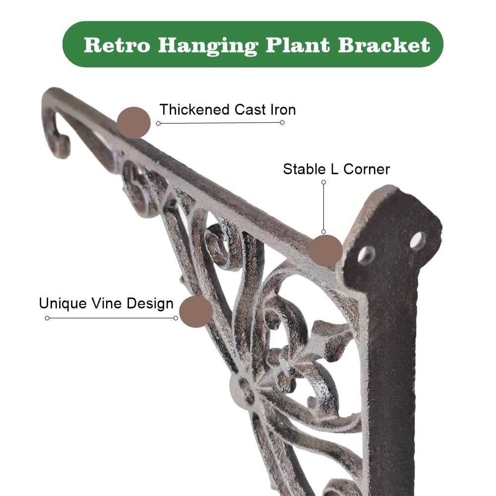 Z metnal Cast Iron Plant Hanger - 12 inch Rustic Wall Mounted Hanging Basket Holder for Outdoor Garden, Patio, Porch Decor - Heavy Duty Metal Hook Bracket