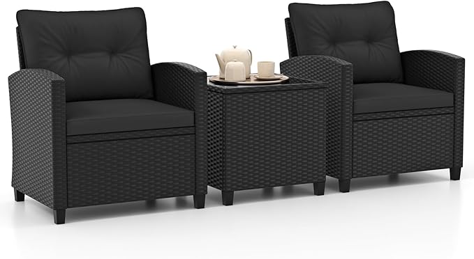 HAPPYGRILL 3 Pieces Wicker Patio Conversation Set, PE Rattan Bistro Sofa Set