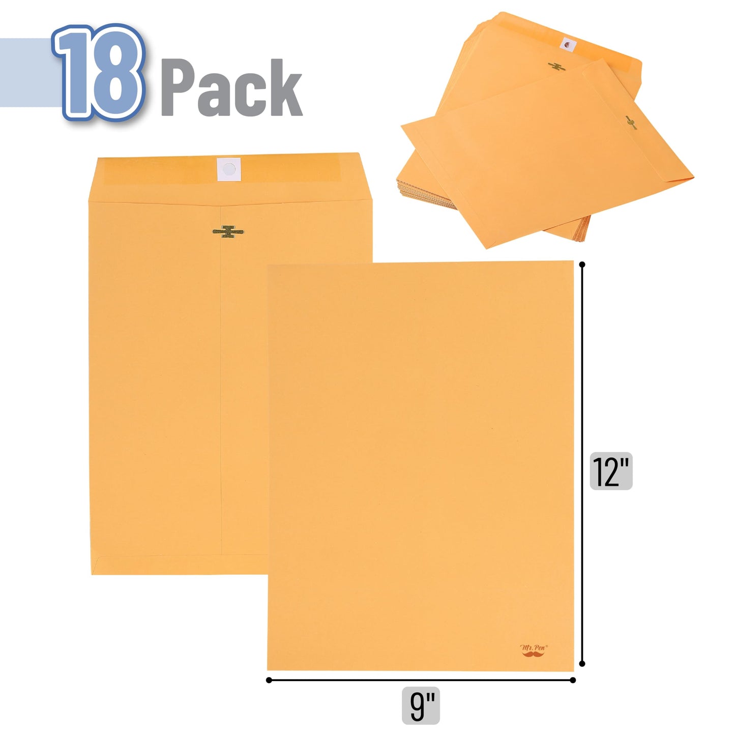 Mr. Pen- Clasp Envelopes, 18 Pack, 9x12 Inches, Brown Kraft, Mailing Envelope with Gummed Flaps for Filing, Storing, Mailing Documents, Office Supplies and Organizing