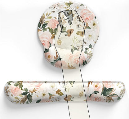 Pink Flower Desktop Mat Aesthetic Wrist Support Keyboard Mouse Wrist Rest Set, Computer Office Comfortable Wrist Rest for Mouse Easy Typing & Pain Relief, Ergonomic Computer Mouse Pad with Pu Base.