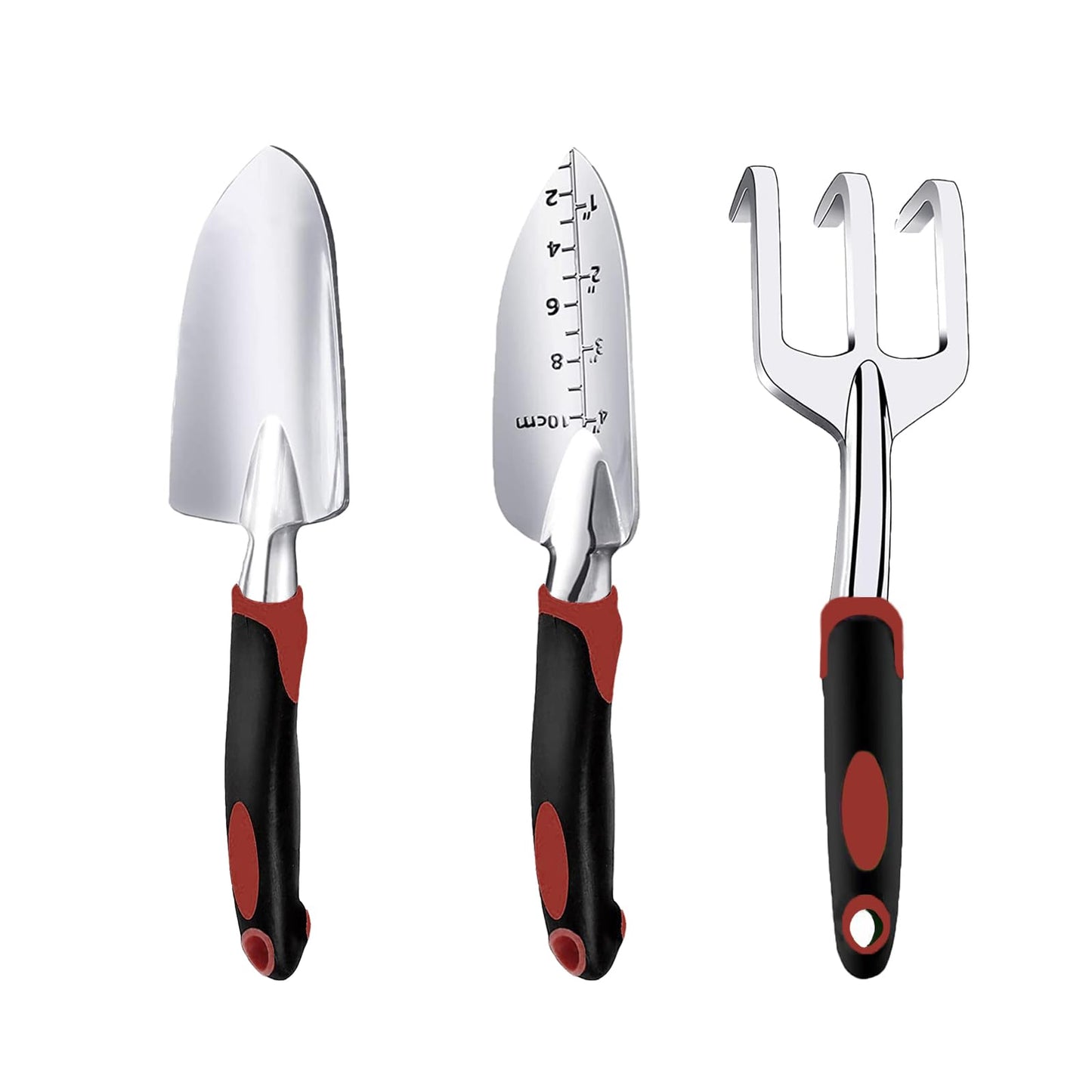 Garden Tool Set, 3 Piece Gardening Tools Includes Garden Trowel, Transplant Trowel and Hand Rake with Non-Slip Ergonomic Handle, Heavy Duty Garden Kit for Planting, Garden Gifts Red