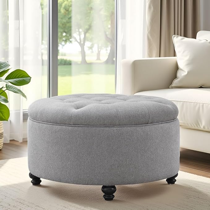 HUIMO 30-Inch Round Storage Ottoman, Modern Button Tufted Coffee Table