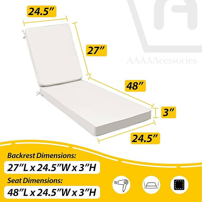 AAAAAcessories Outdoor Chaise Lounge Cushions, Fade-Resistant, Waterproof Patio