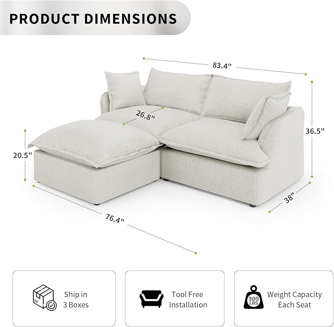 2 Seat with Ottoman L Shape Modular Sectional Couch Sofa