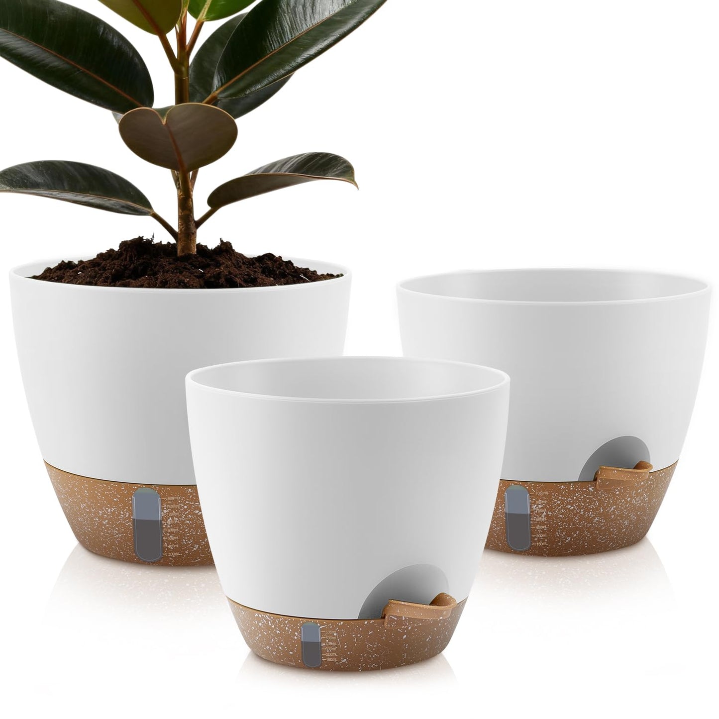 QRRICA 12/10/9 Inch Self-Watering Plant Pots with Water Level Indicator, Drainage Holes & Saucers – Large Plastic Planter Set for Indoor & Outdoor Plants (White)