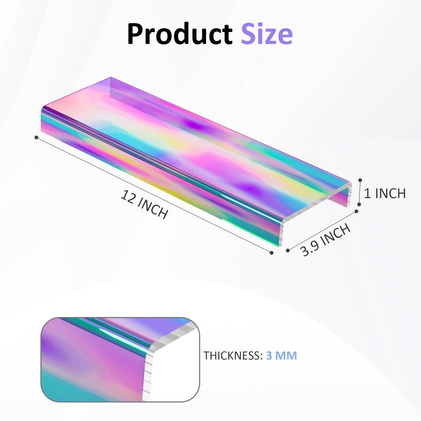 Sezanrpt Acrylic Shelf Riser 12x3.9x1 pack of 2, Iridescent Display Shelf 12” for Shoes, Glasses, Plants, Home Decors, Perfume, 12x3.9x1 Inch