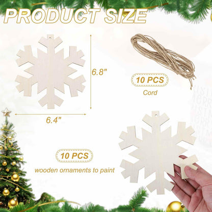MECCANIXITY 10Pcs 7" Wooden Snowflake Ornaments & Rope, DIY Paint Blank Unfinished Wood Snowflake Cutouts for Art Crafts DIY Hanging Decorations Halloween Christmas Birthday Autumn Gifts