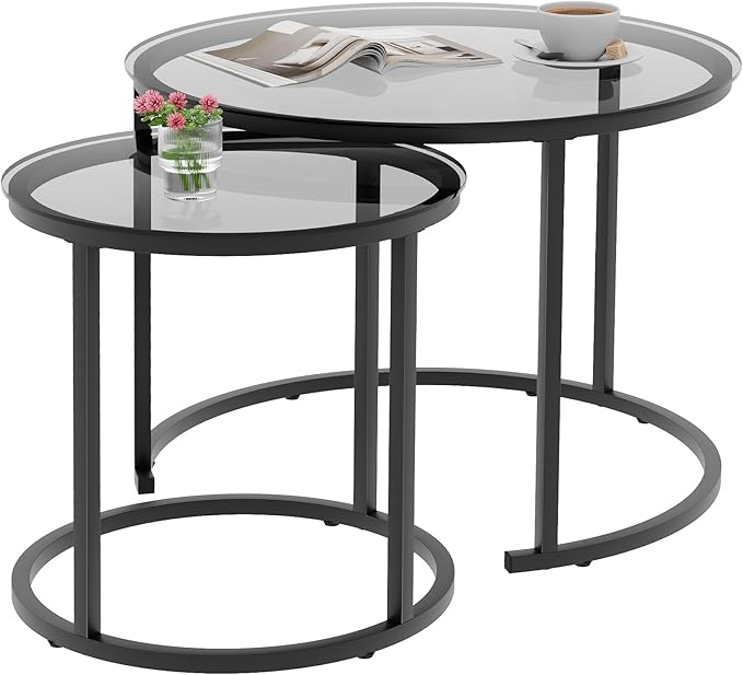 aboxoo Nesting Coffee Table Grey Glass Table Set of 2, Small Round Glass