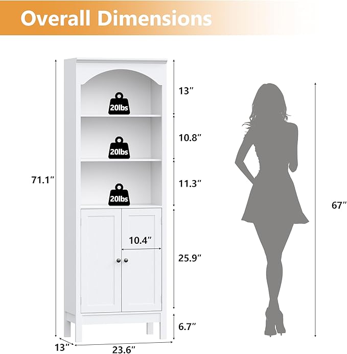 Bookshelf with Doors, Floor Standing Display Storage Cabinet