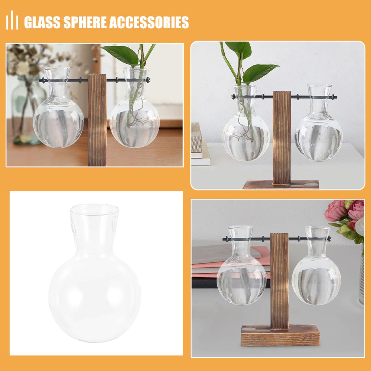 JEWEDECO Glass Flower Vase with Wooden Stand 3pcs High Borosilicate Glass Propagation Station Desktop Planter for Hydroponic Plants and Terrarium Home Décor